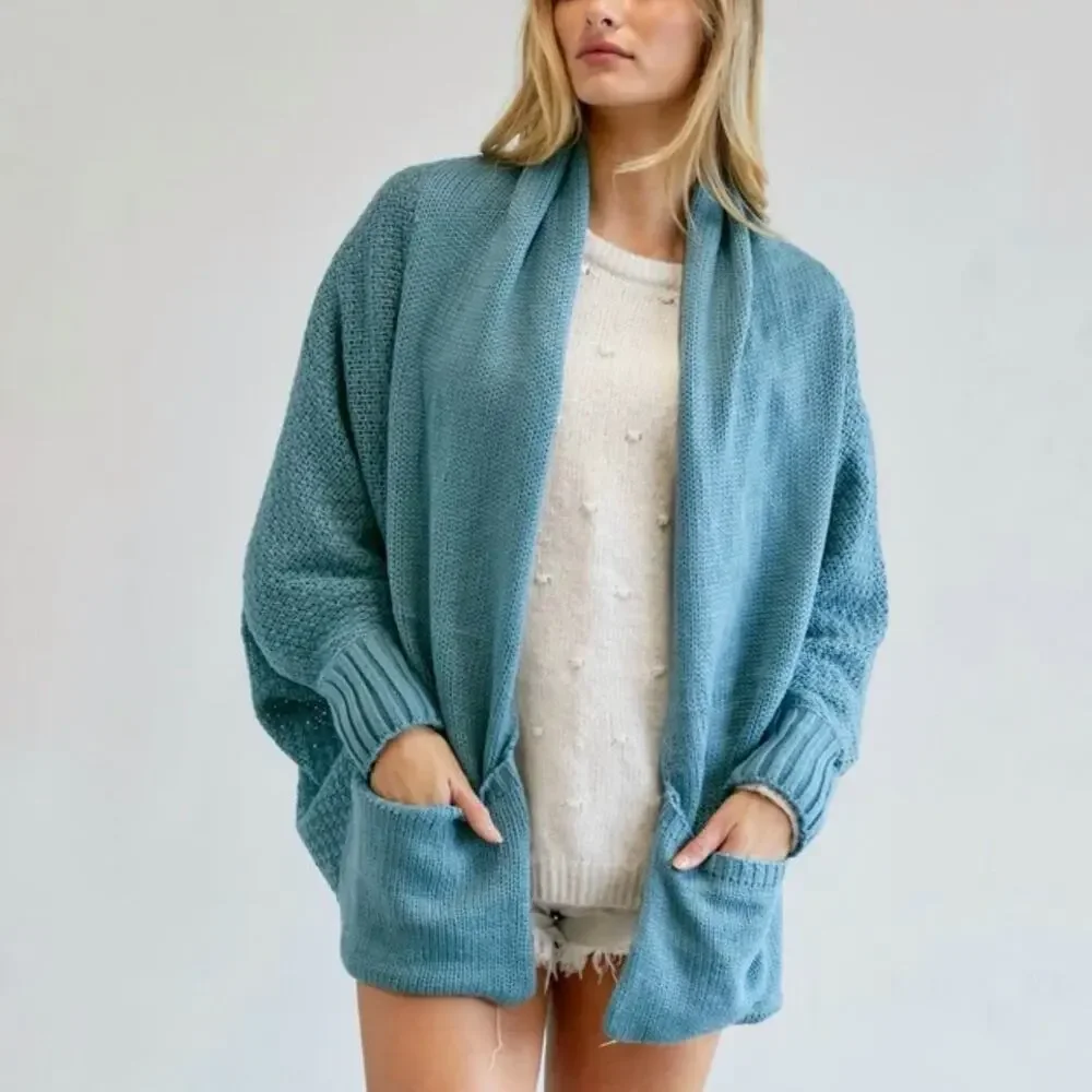 NWT Davi & Dani Dolman Sleeve Knit Pattern Cardigan Blue Casual Boho Size 3XL